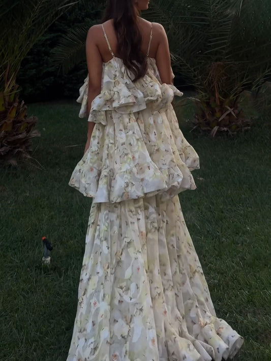 Elegant Floral Ruffled Layered Maxi Dress