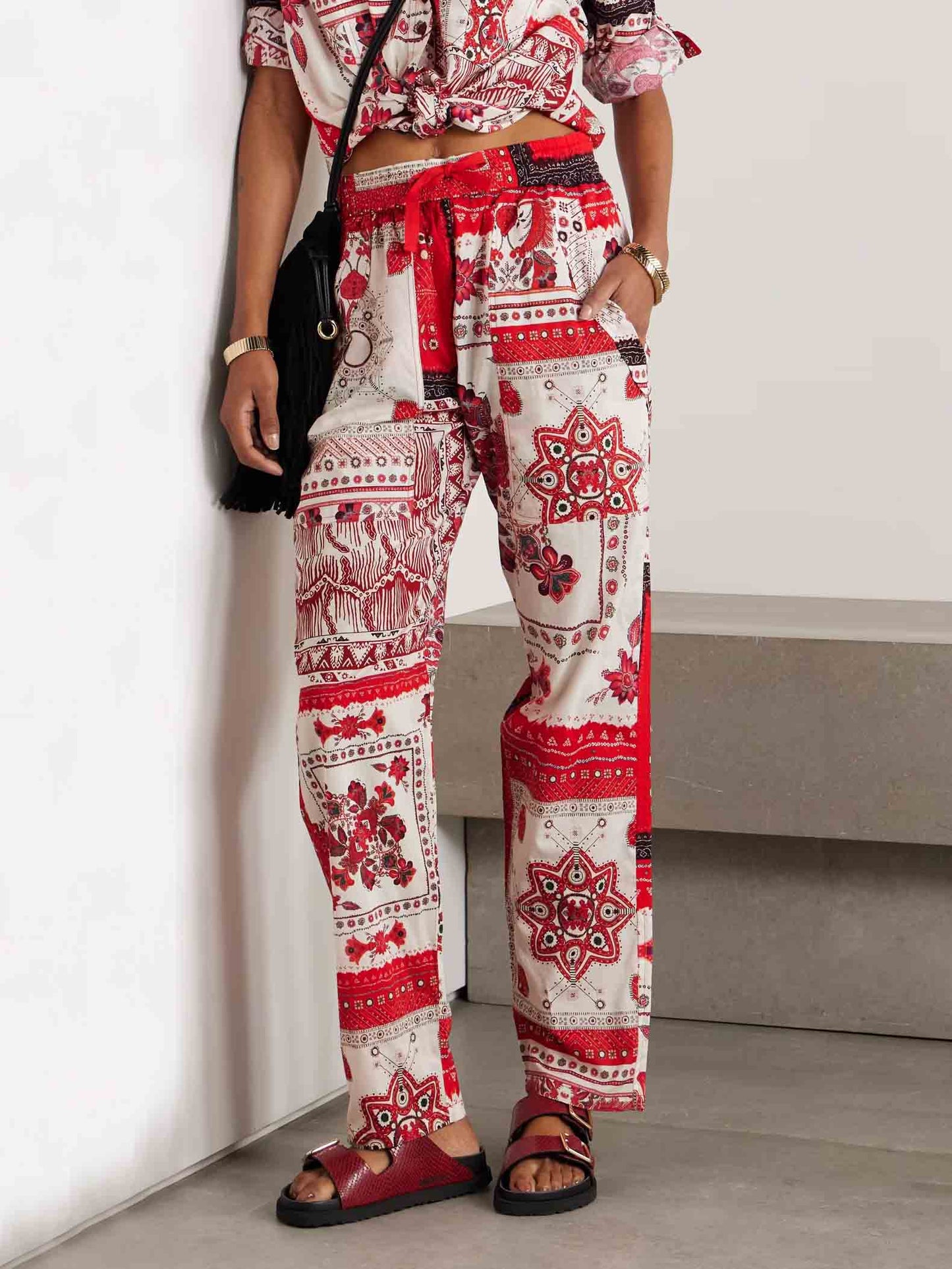 Casual Ethnic Floral Print Drawstring Wide-leg Pants Red