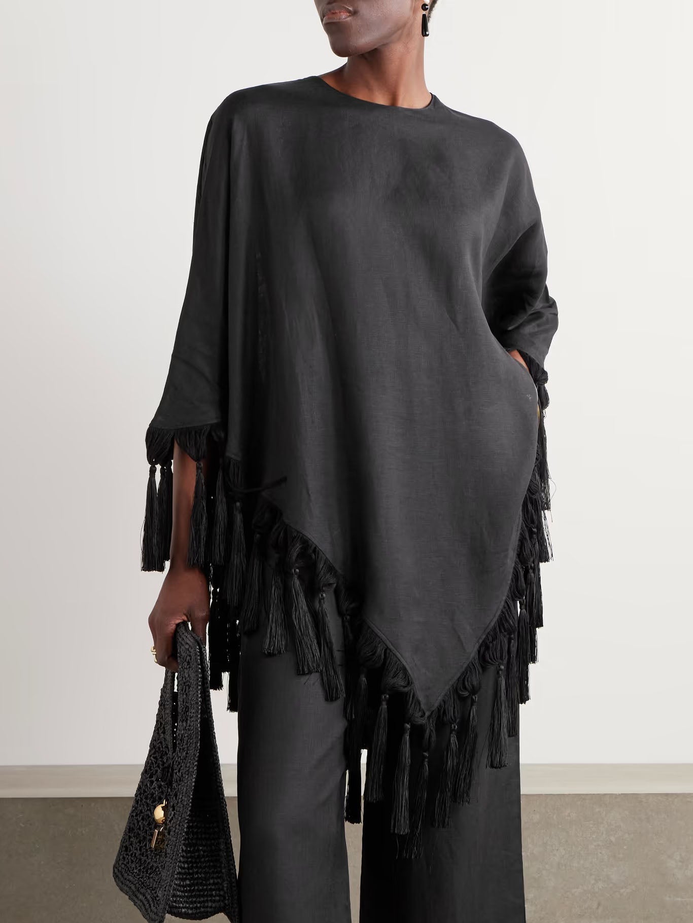 Fashionable Irregular Hem Fringe Shirt Black