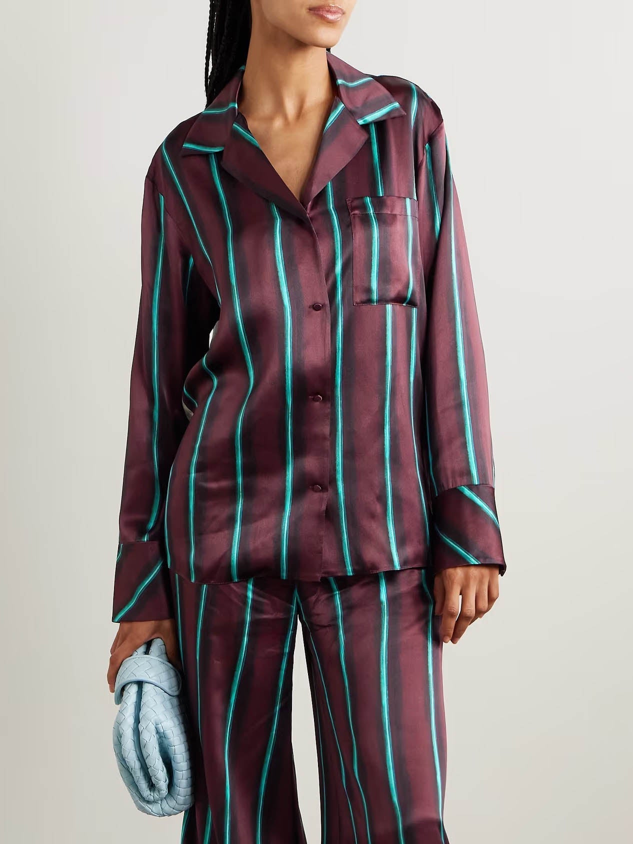 Exquisite Satin Stripe Print Long-sleeved Shirt Dark Purple
