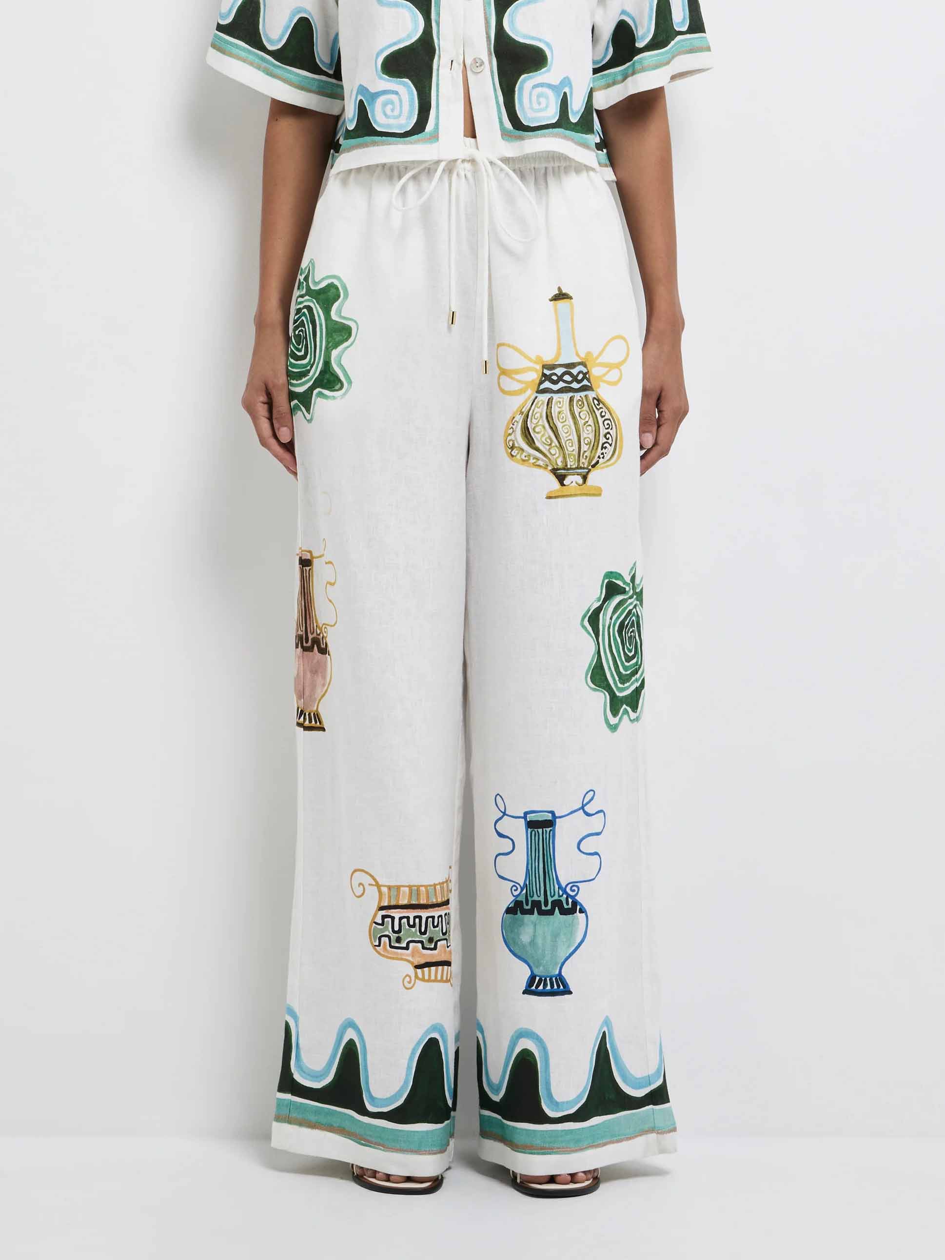 Exquisite Printed Elastic Waist Wide-Leg Pants White Pants