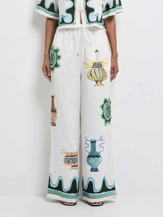 Exquisite Printed Elastic Waist Wide-Leg Pants White Pants