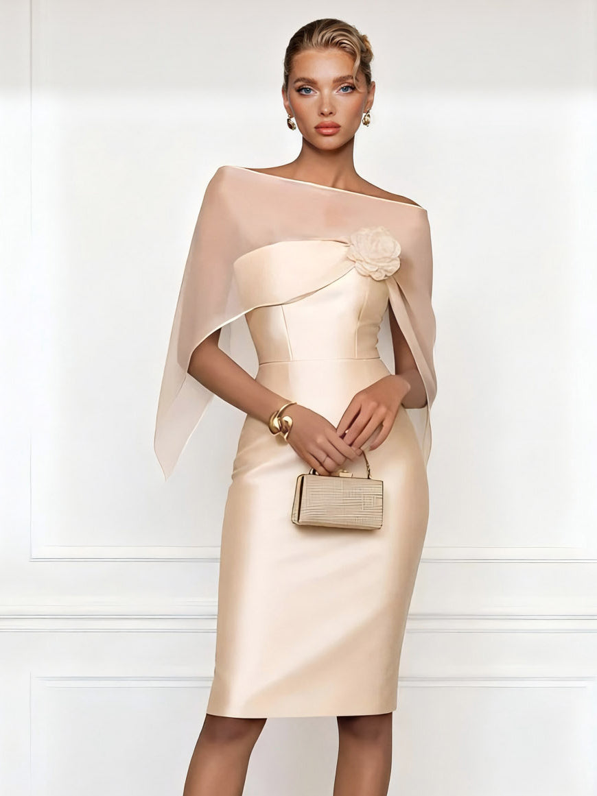 Asymmetrical One-Shoulder Sheer Shawl Satin Midi Dress Cham