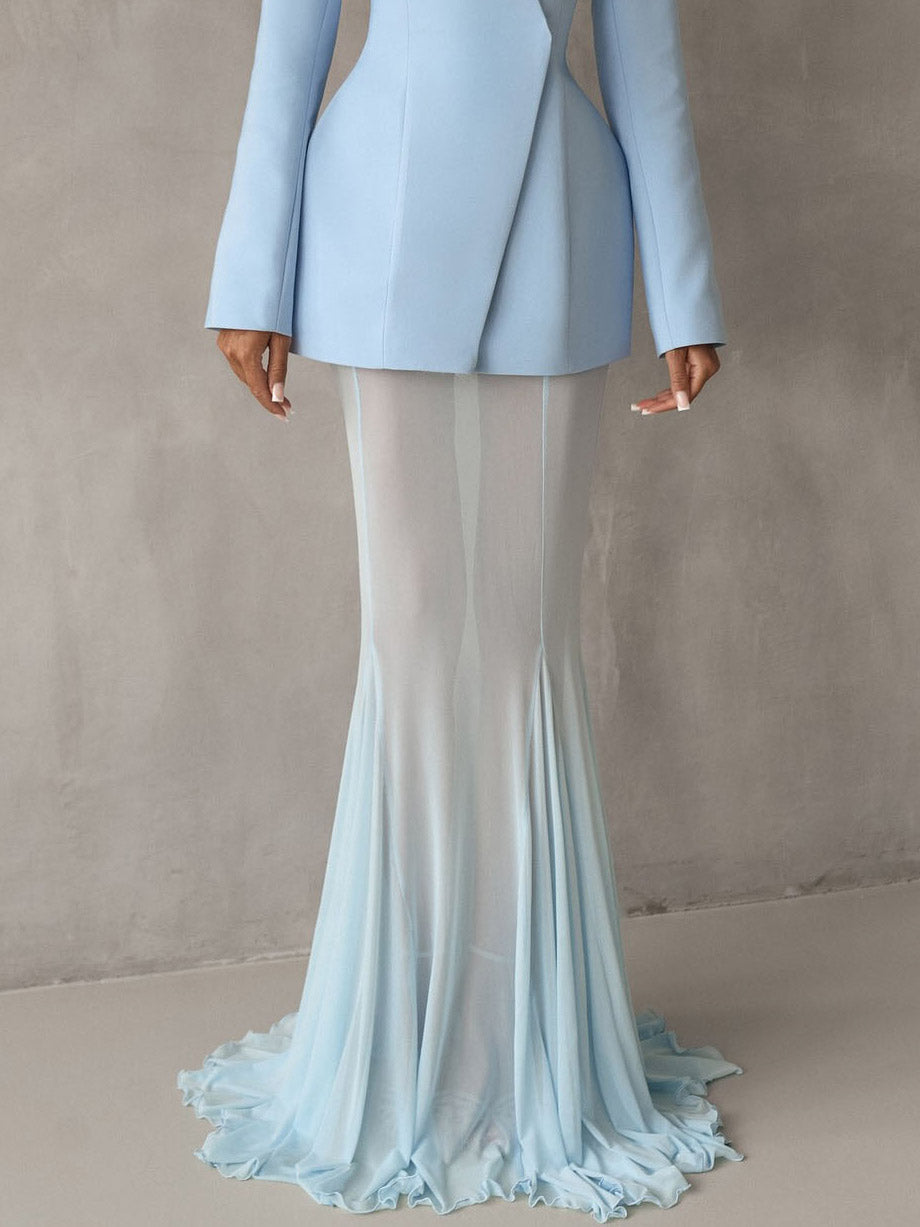 Elegant Mesh Sheer Fishtail Maxi Skirt Light Blue
