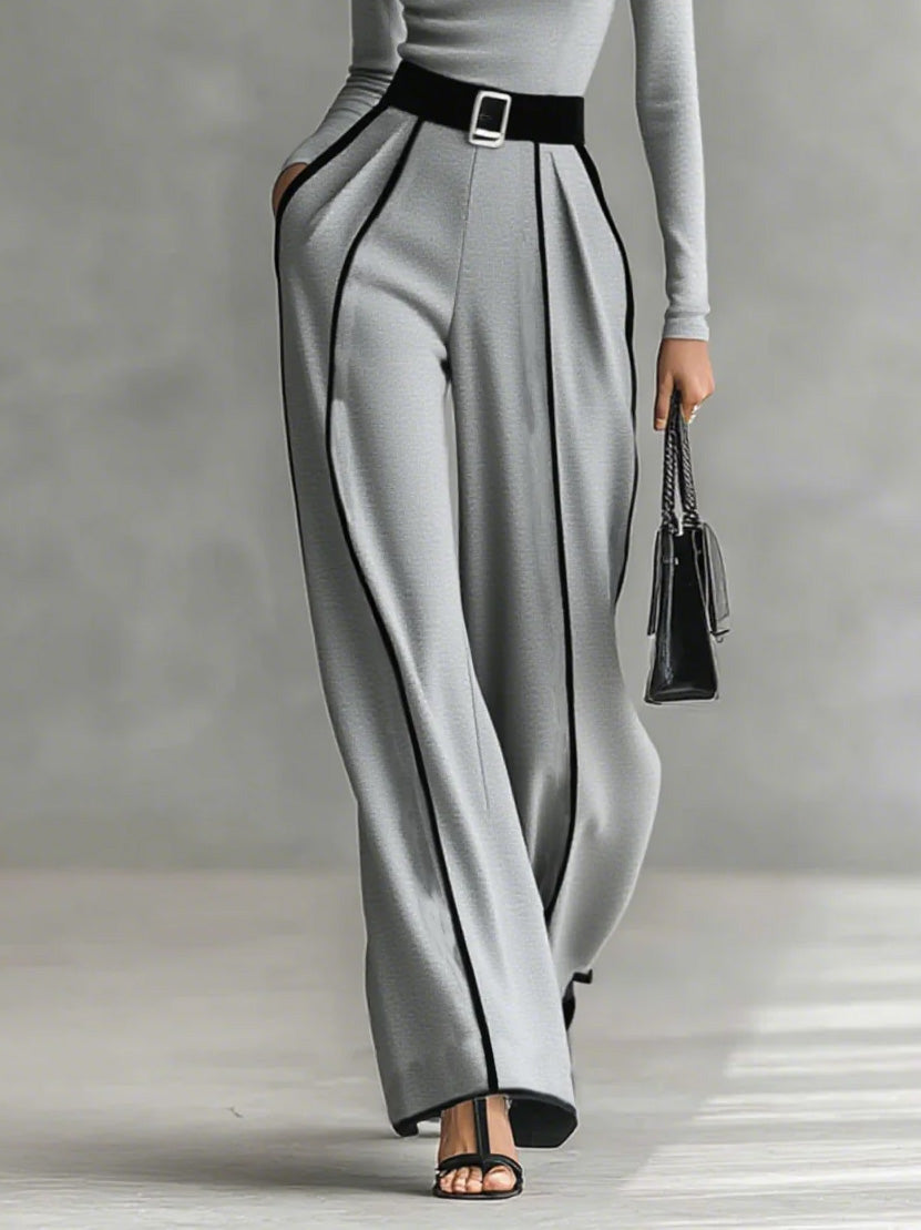 Elegant High Neck Slim Fit Long Sleeve Top Gray Pants