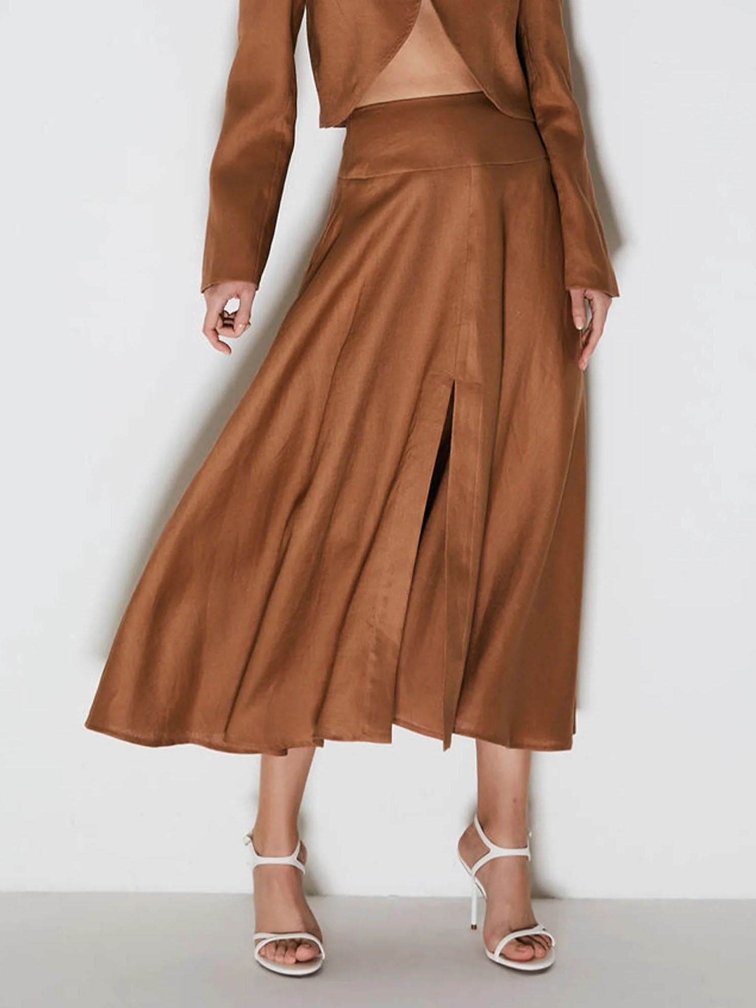 Casual Front Slit A-line Skirt Brown
