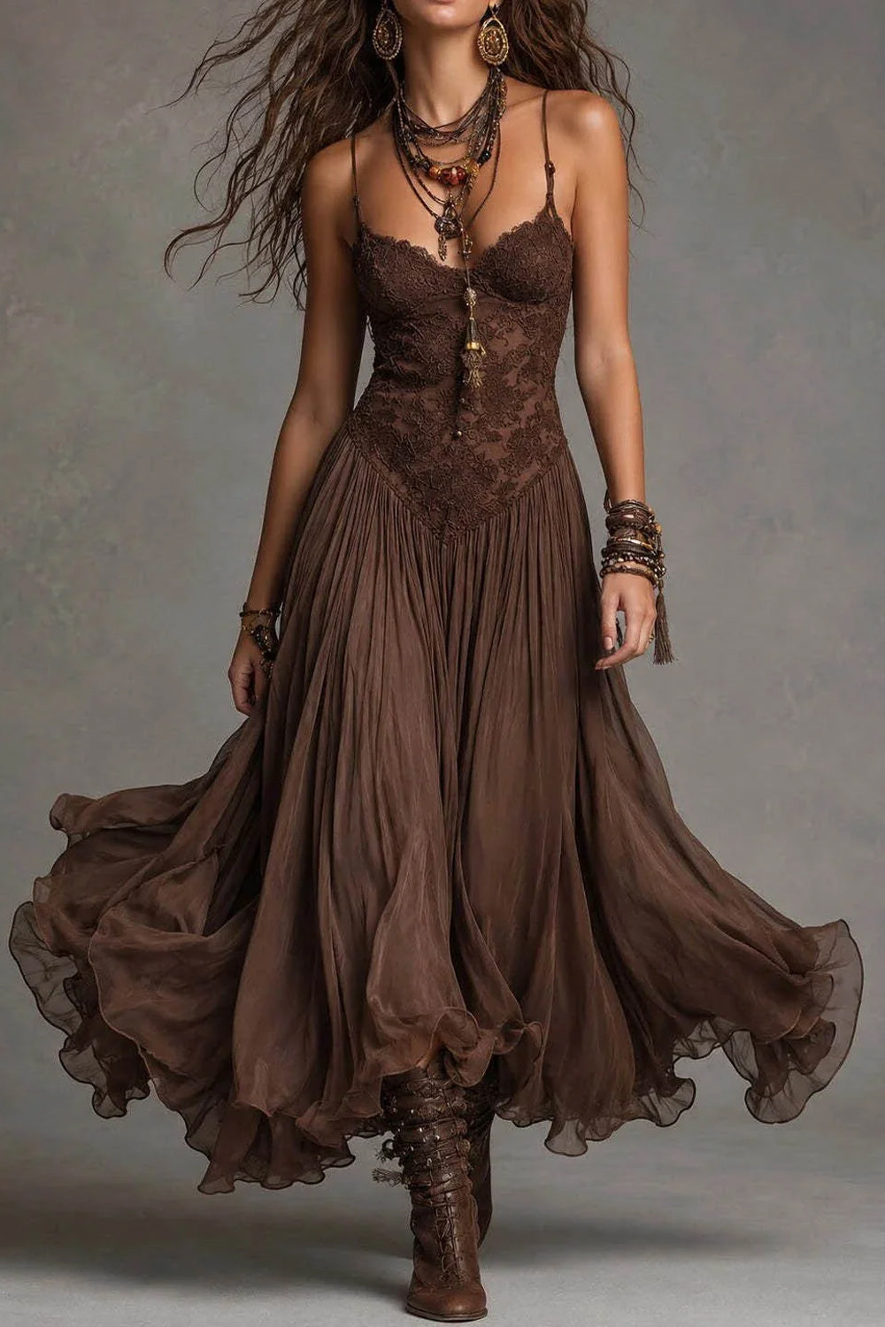 Bohemian Lace Sling Large Skirt Brown