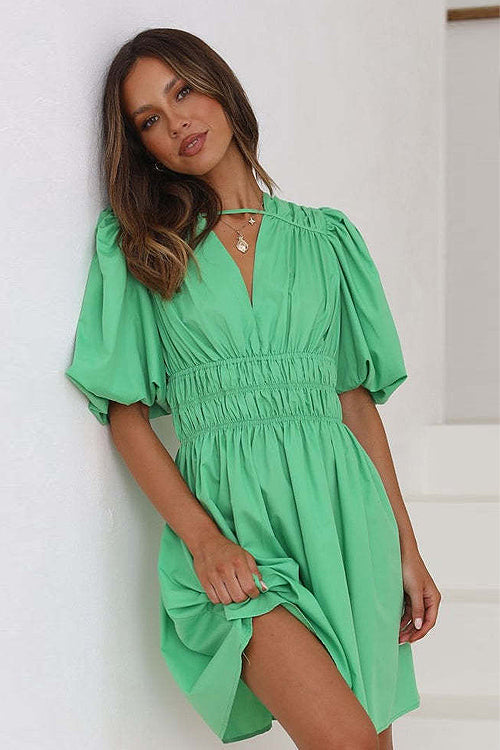 Always In Mind Puff Sleeve Pleated Mini Dress - 5 Colors Green