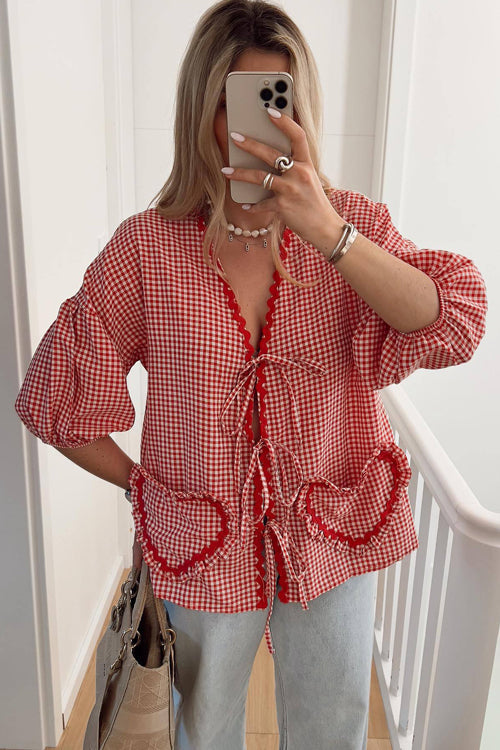 Adorably Elite Tie-Front Gingham Top - 9 Colors Red