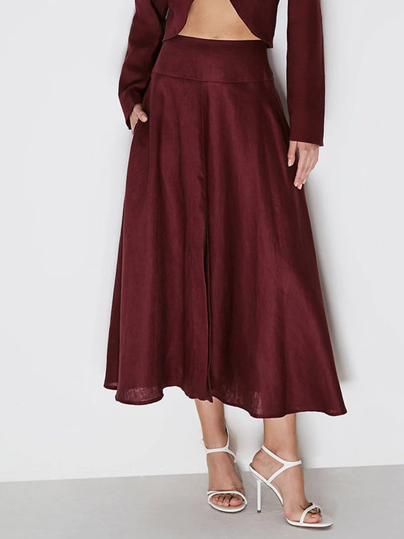 Casual Front Slit A-line Skirt Dark Red