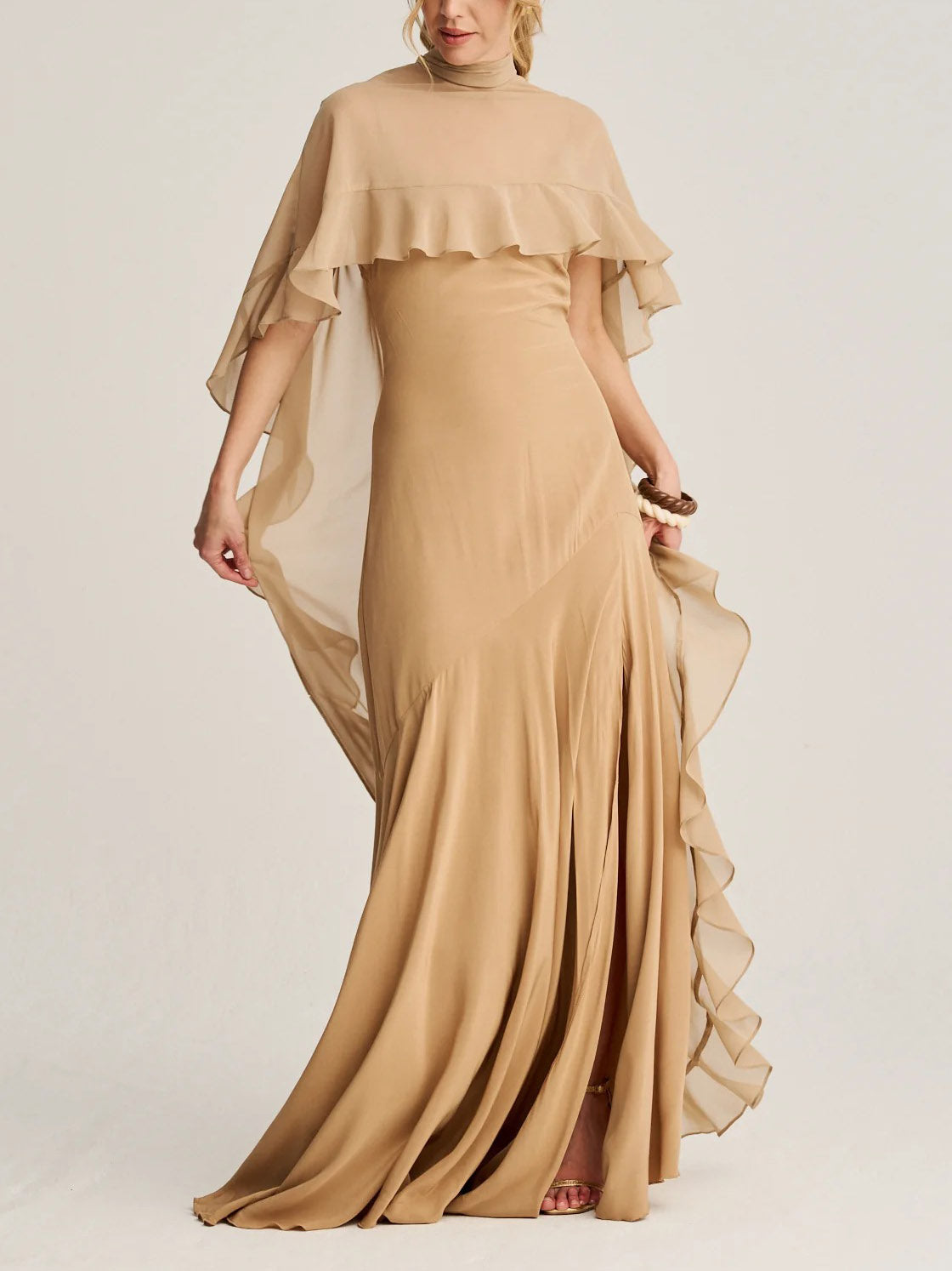Elegant High Neck Ruffle Cape Maxi Dress Apricot