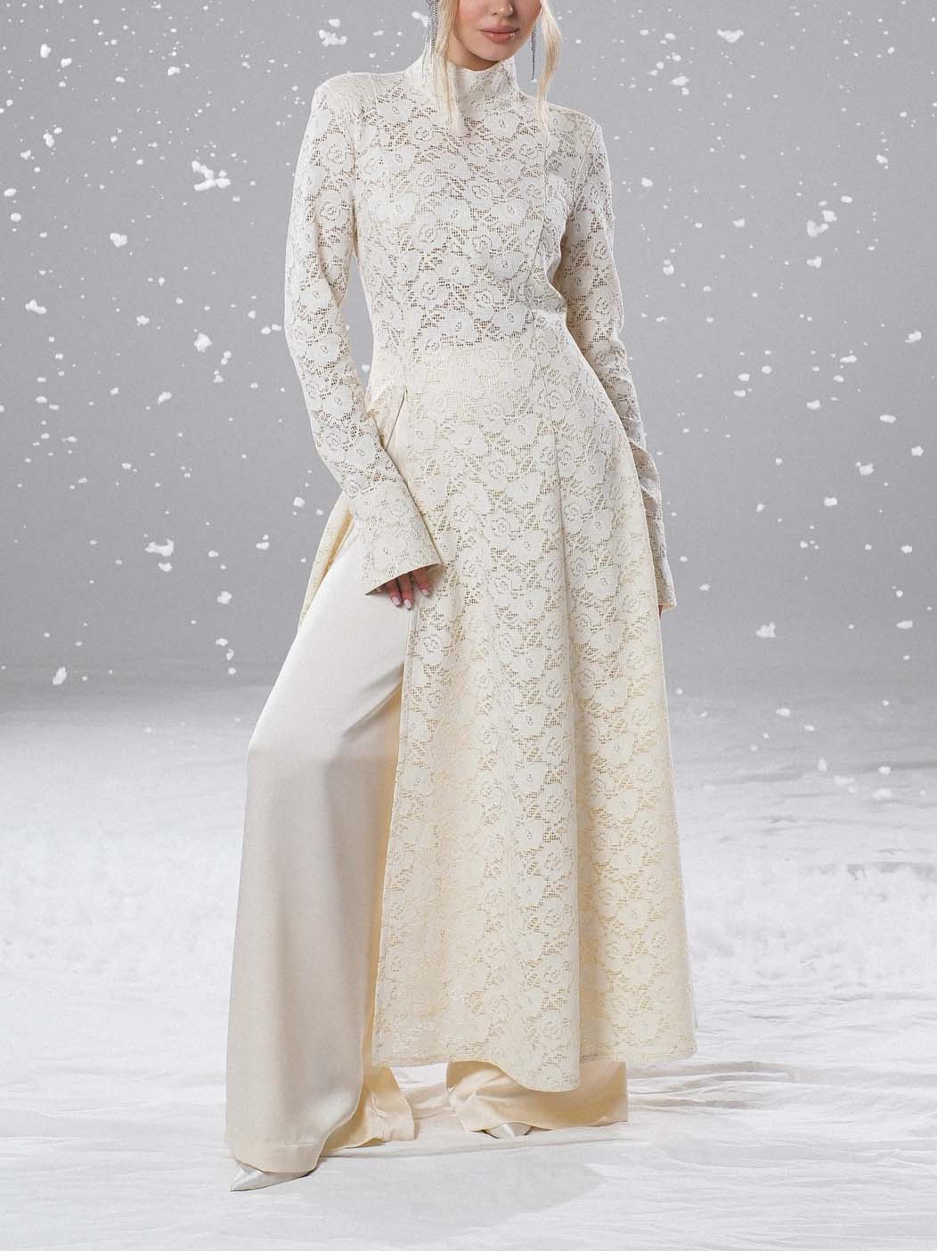 Elegant High-neck Lace Robe & Trousers Two-piece Set Cream Set