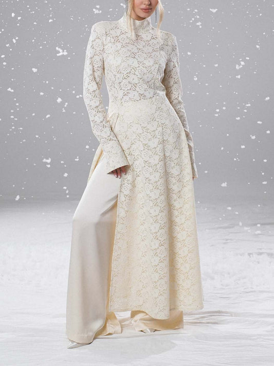 Elegant High-neck Lace Robe & Trousers Two-piece Set Cream Set