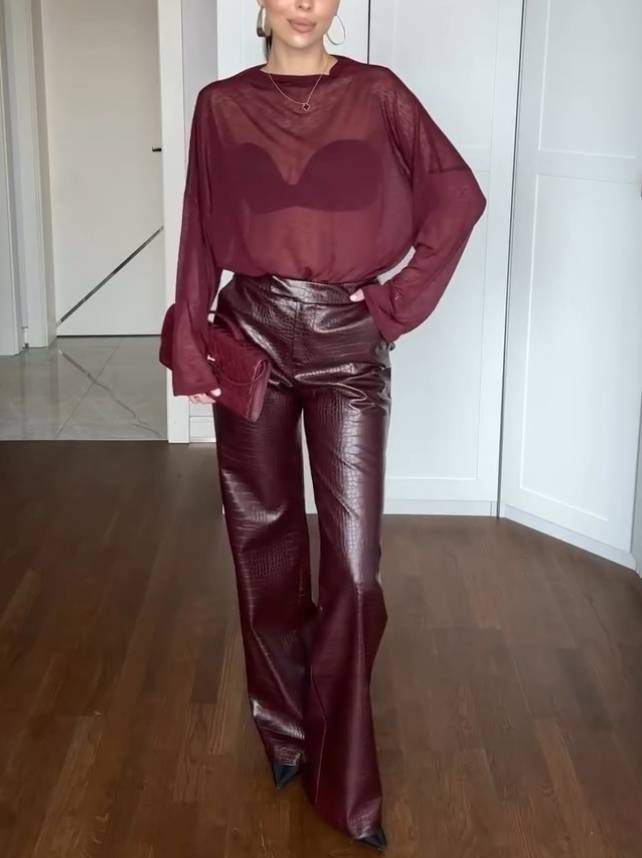 Minimalist Perspective T-shirt And Leather Pants Suit Wine Red