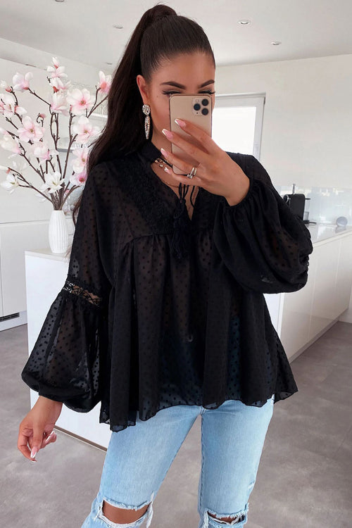 All Together Now Swiss Dot Lace Long Sleeve Top Black
