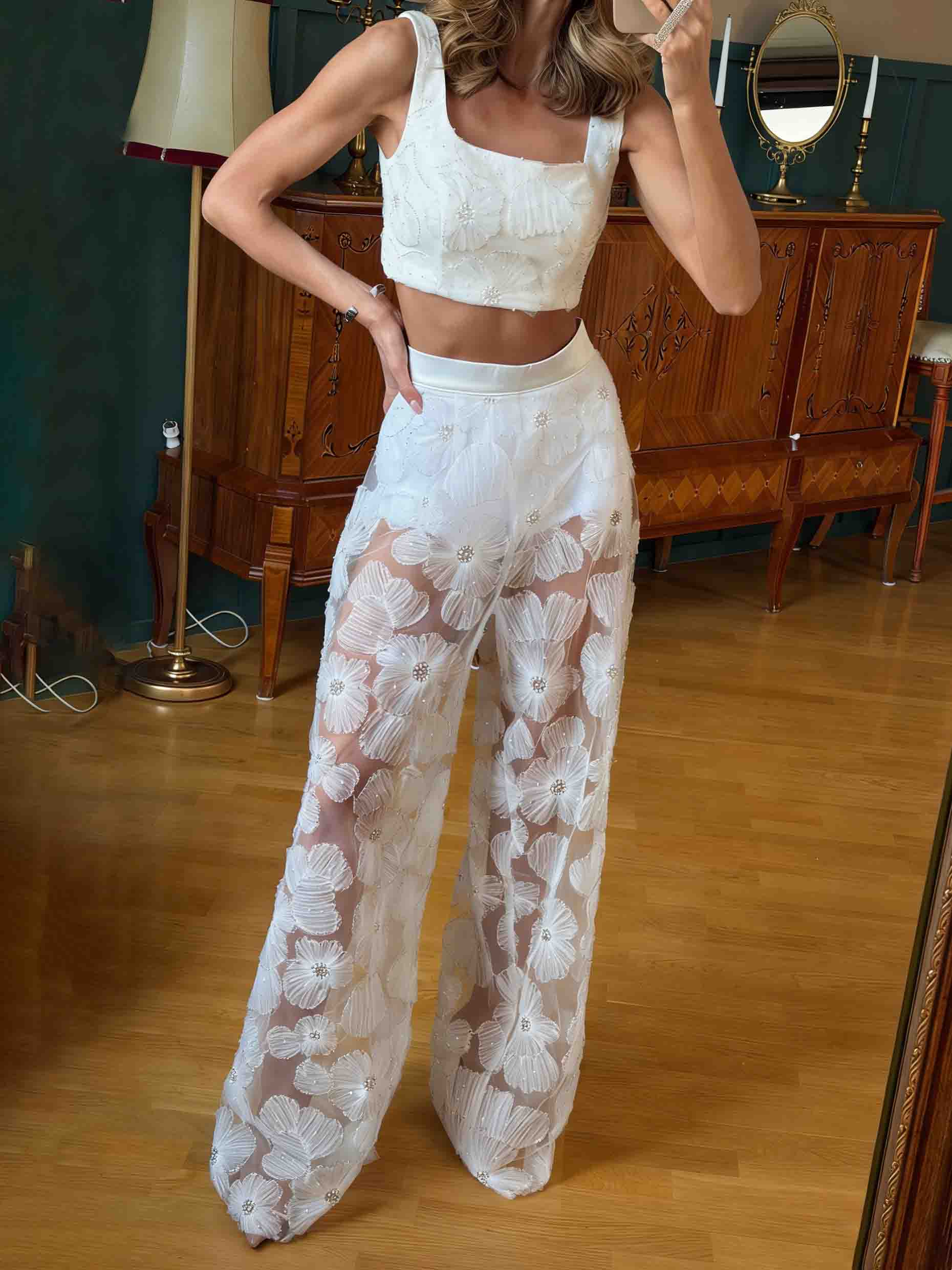 Elegant Lace Embroidered Sheer & Wide-Leg Pants Two-Piece Set White