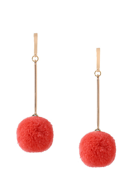 Fluffy Ball Hanging Earrings Red