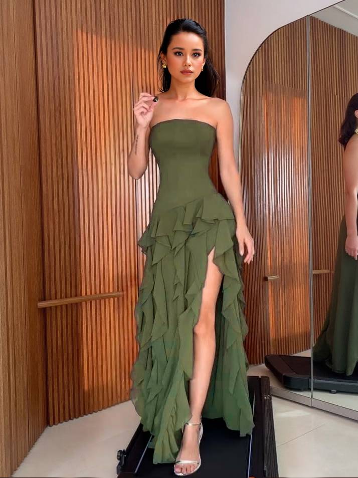 Tube Top Multi-layer Ruffled Side Slit Maxi Dress Green