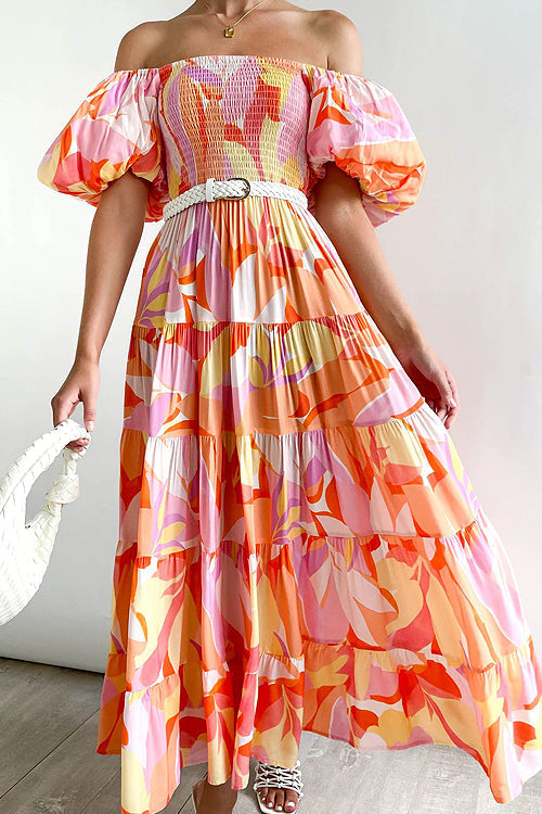 Darling Daylily Floral Print Off Shoulder Smocked Maxi Dress - 6 Colors Orange