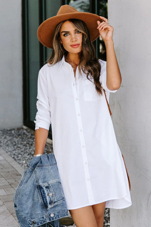 Stay Sunny Long Sleeve Shirt Mini Dress - 4 Colors White