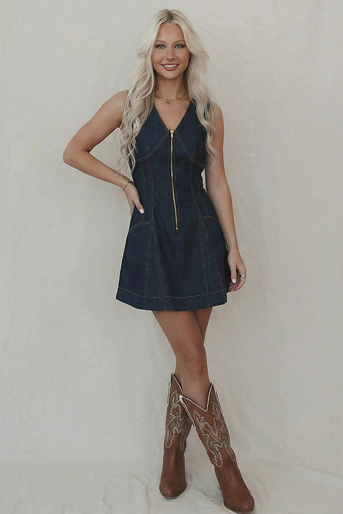 Prinsley Medium Wash Zip-Front Denim Mini Dress
