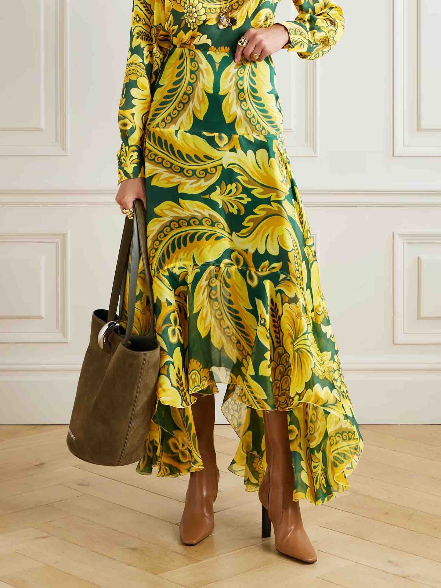 Exquisite Acanthus Leaf Floral Print Asymmetric Ruffled Skirt Green & Yellow