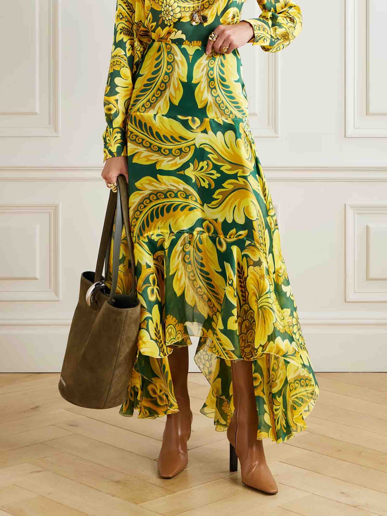 Exquisite Acanthus Leaf Floral Print Asymmetric Ruffled Skirt Green & Yellow