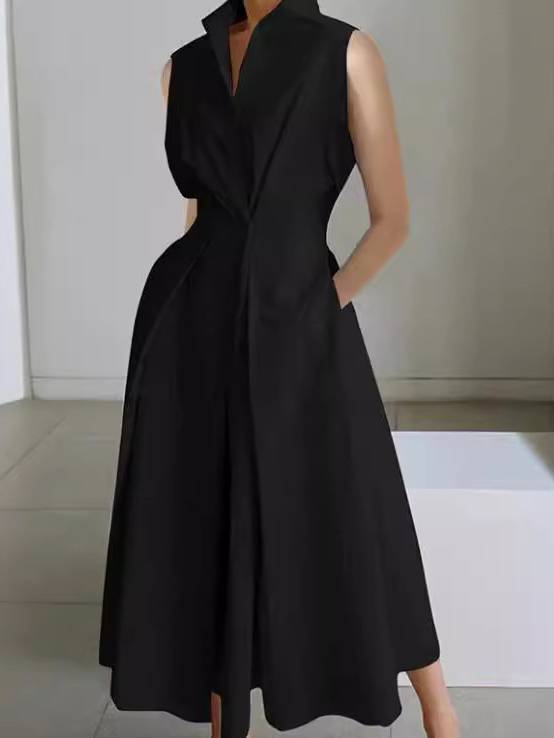Vertical Collar V-neck A- Shaped Dress Black