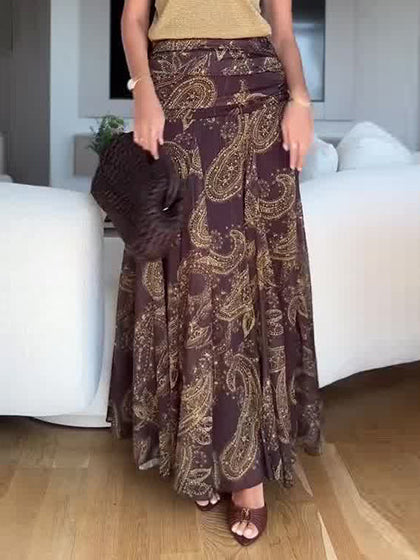 Exquisite Vintage Paisley Print Pleated Skirt Brown