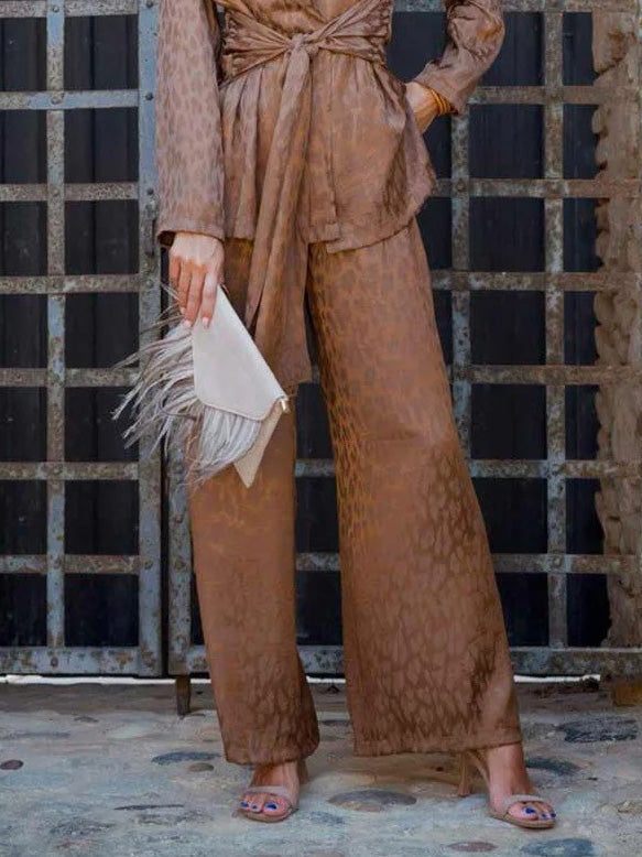 Elegant Satin Jacquard Wide-leg Pants Brown