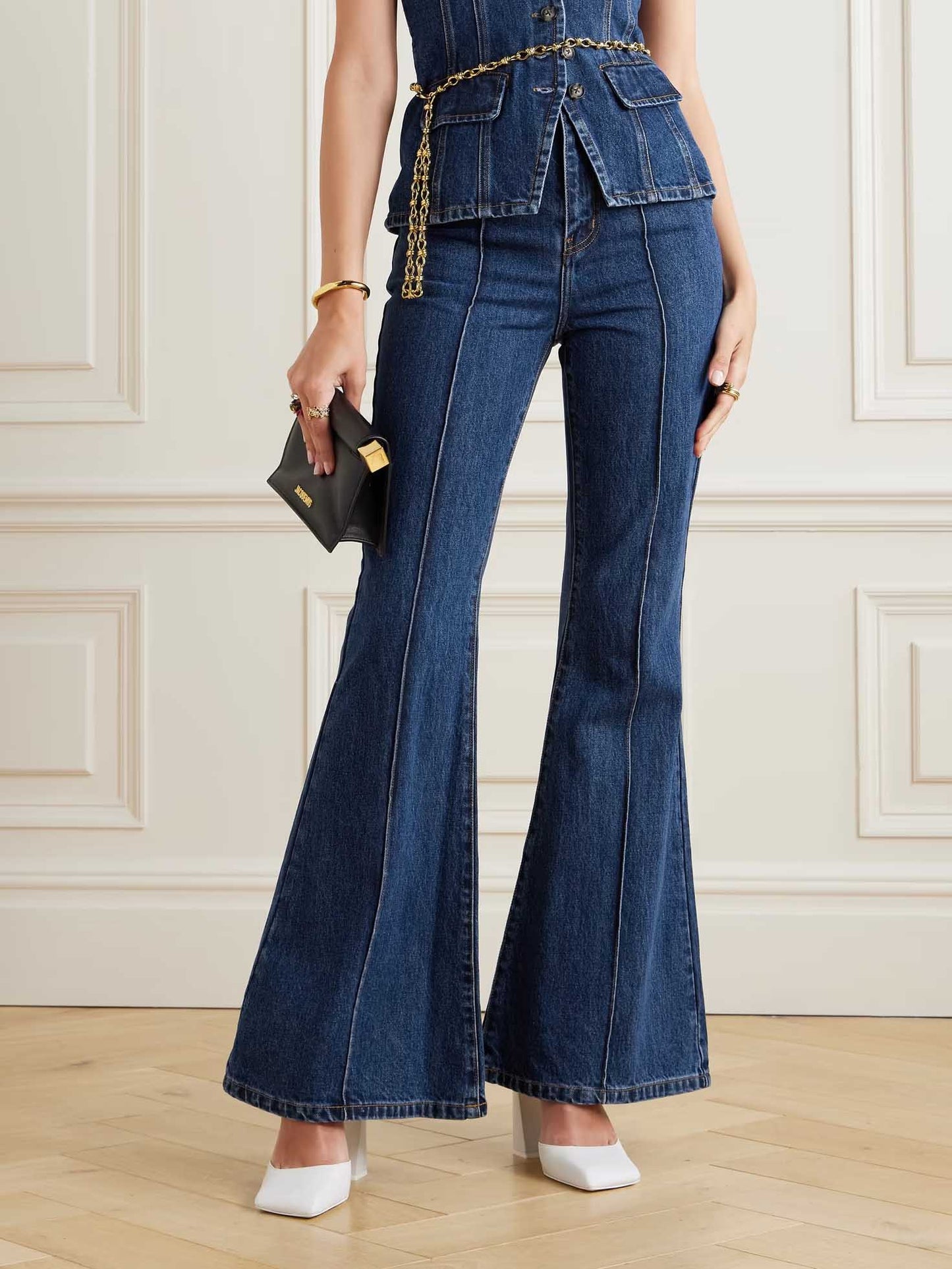 Retro High-Waisted Flared Denim Pants Blue