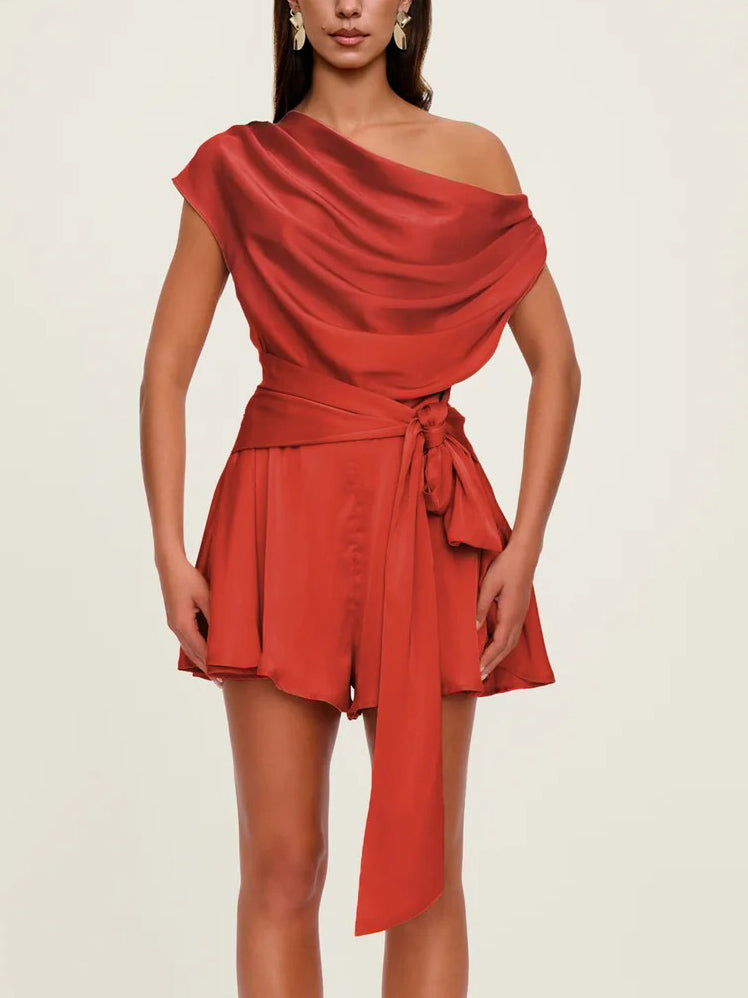 Exquisite Satin Pleated Short Jumpsuit Red