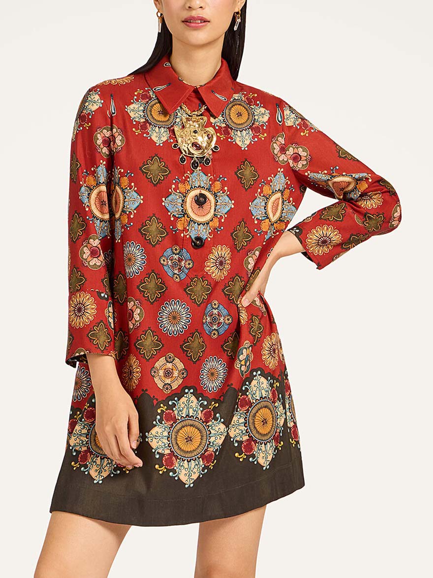 Elegant Satin Printed Shirt-neck Long-sleeved Mini Dress Red