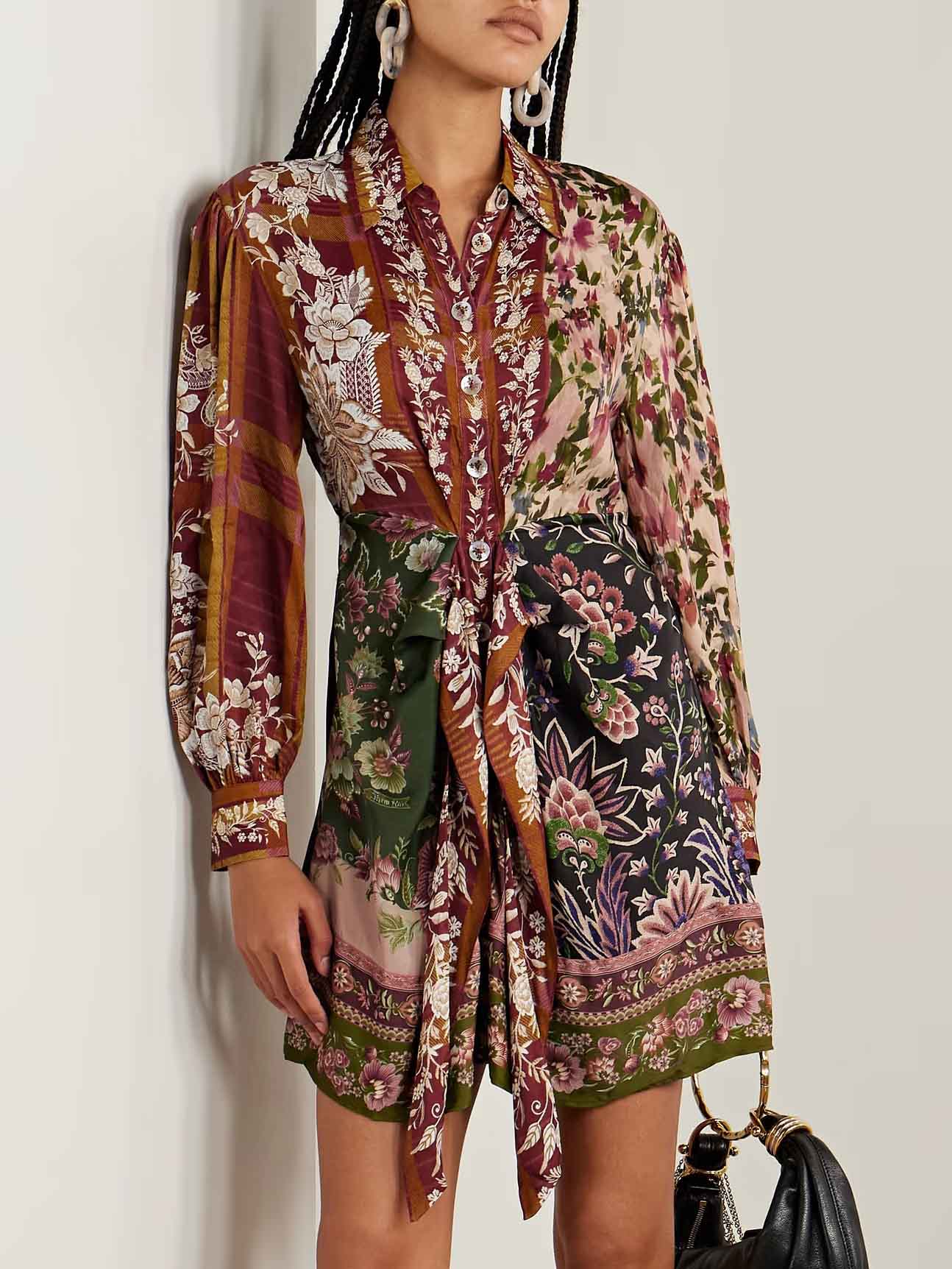 Retro Floral Print Tie Shirt Mini Dress Multi