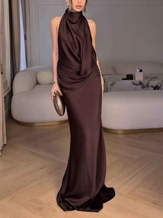 Elegant Halter Neck Sequined Maxi Dress Brown