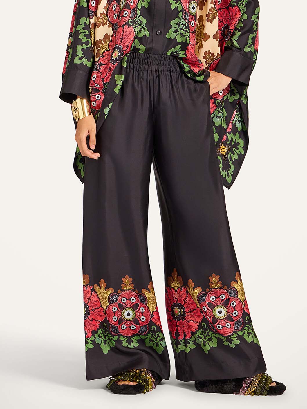 Exquisite Satin Floral Print Kimono Shirt Black Pants