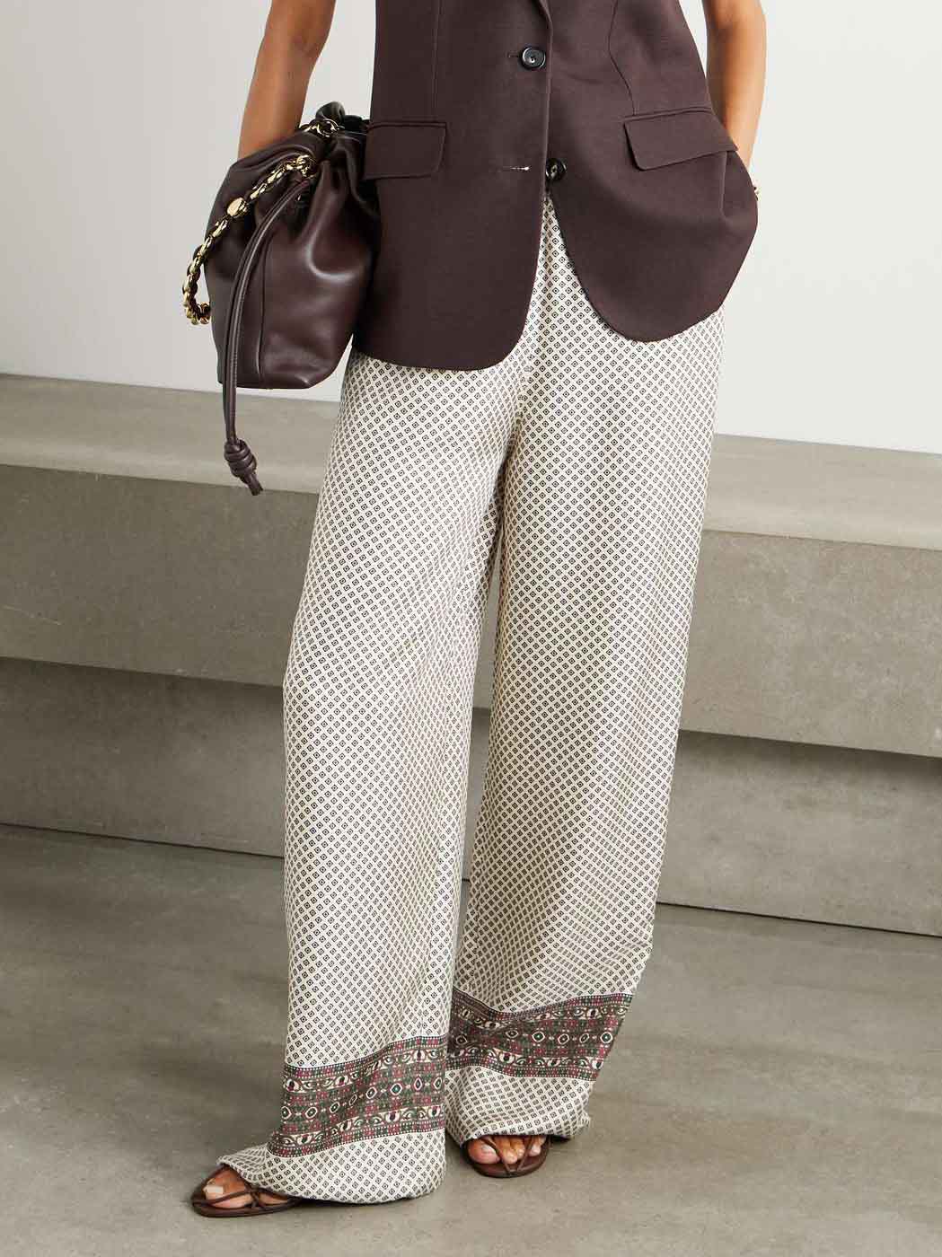Retro Geometric Print Satin Wide-leg Pants Brown