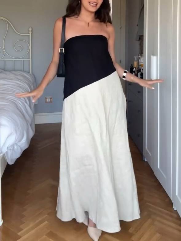 Contrast Color Stitching Tube Top Dress Black-White