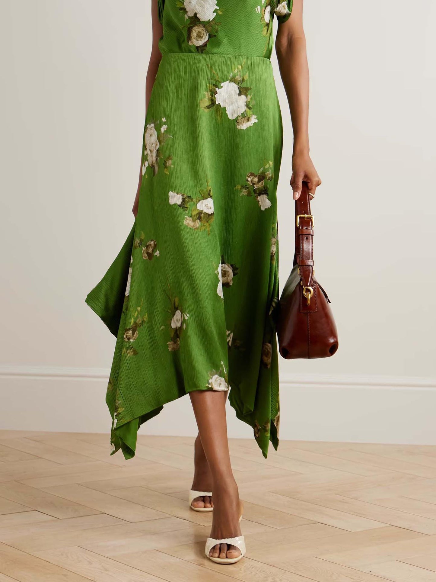 Exquisite Rose Floral Print Satin Irregular Skirt Green