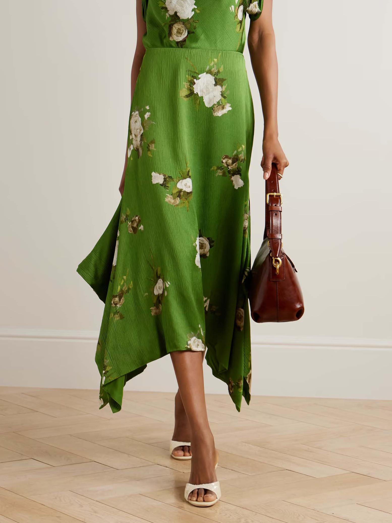 Exquisite Rose Floral Print Satin Irregular Skirt Green