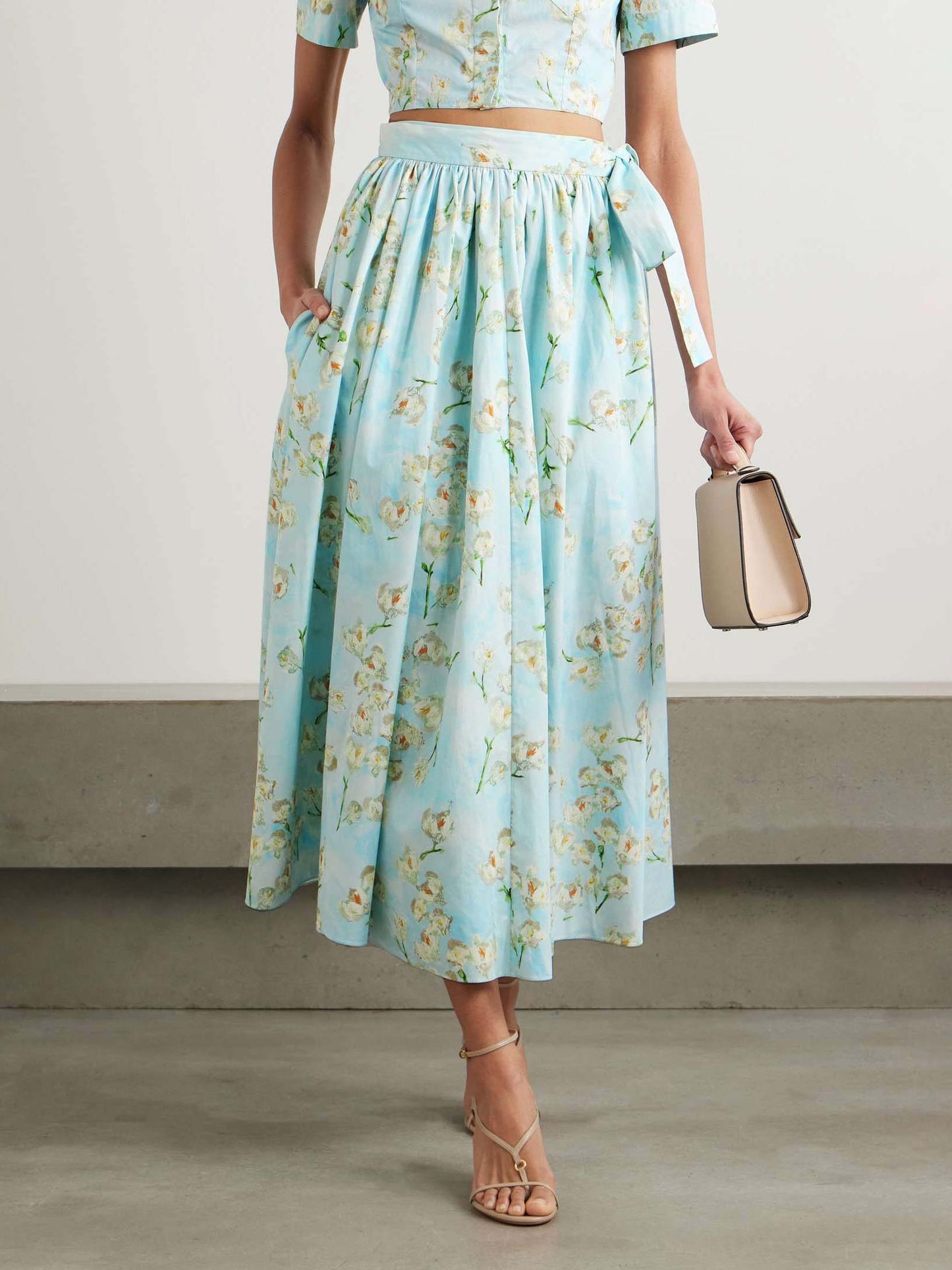 Casual Fresh Floral Print Lace-up Skirt Light Blue