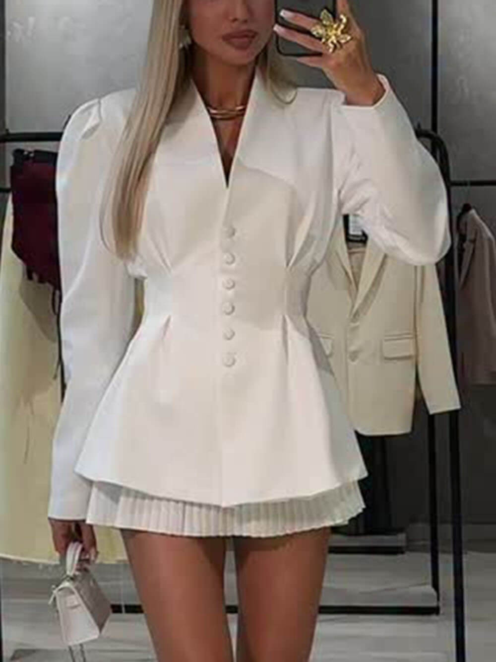 Exquisitely Cinched Waist Ruffle Hem A-Line Lapel Blazer White
