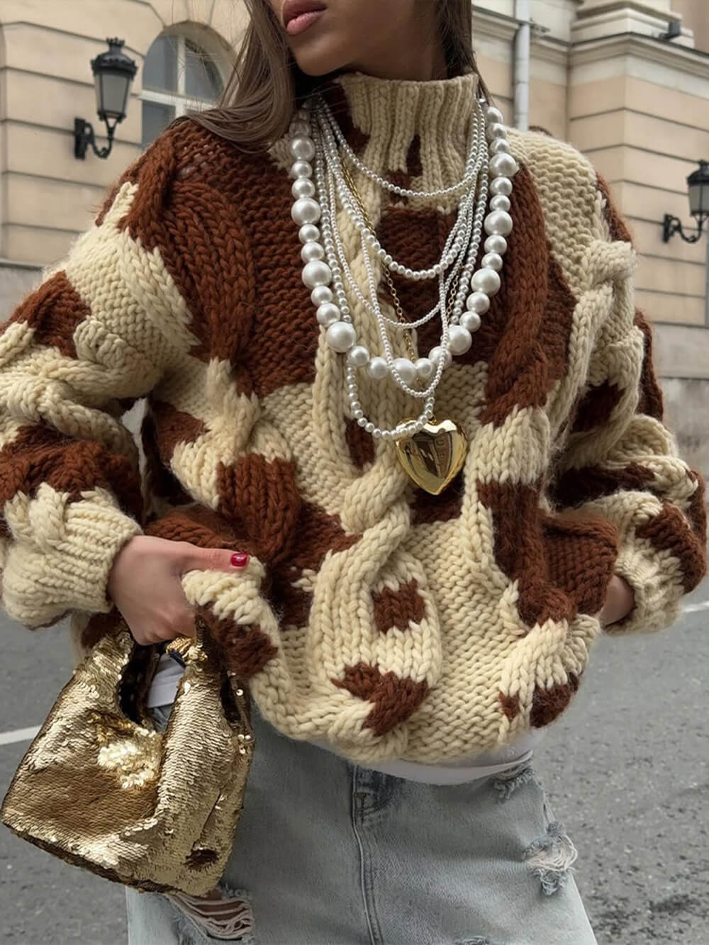Fashion Casual Color-Block Print Loose Sweater Brown