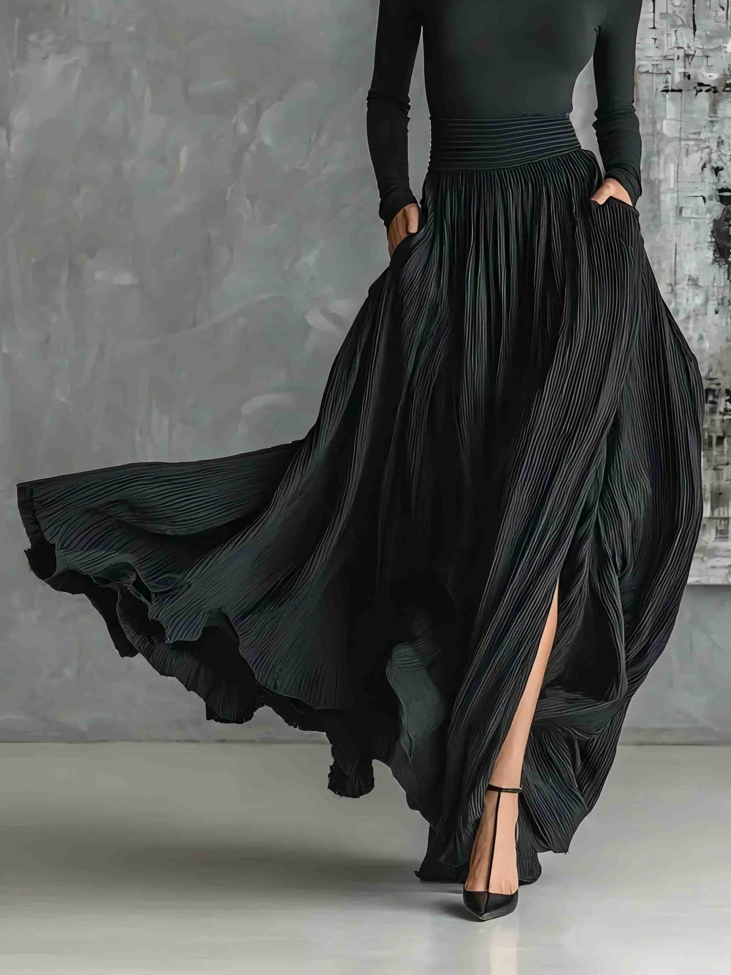 Elegant High Waist Pleated Slit Maxi Skirt Black skirt