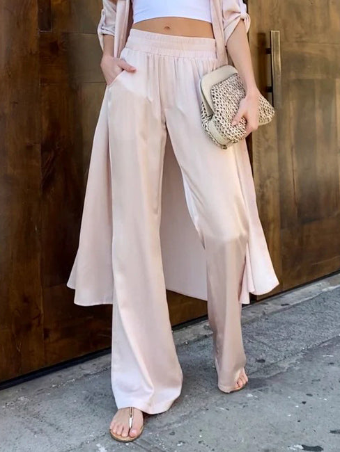 Elegant High-Waisted Wide-Leg Satin Pants Pink