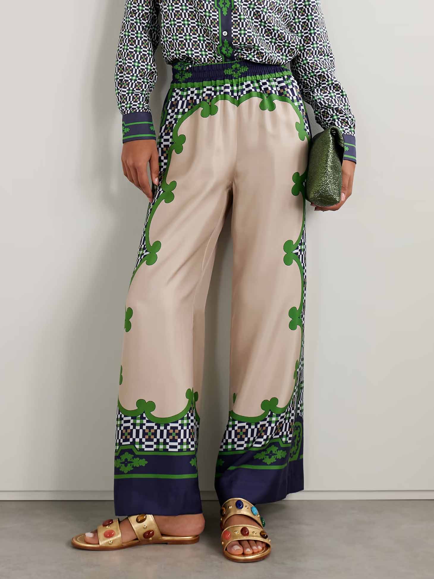 Unique Geometric Print Satin Wide-leg Pants Green