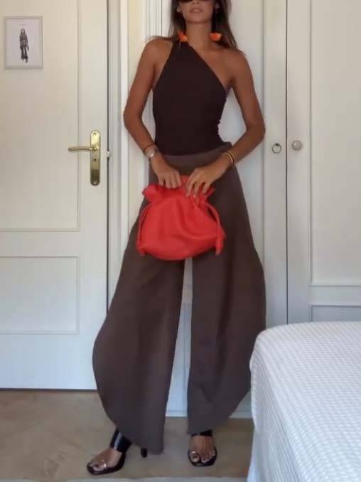 Oblique Collar Off-shoulder Bodysuits And Side Slits Wide Leg Pants Suit- Bodysuits