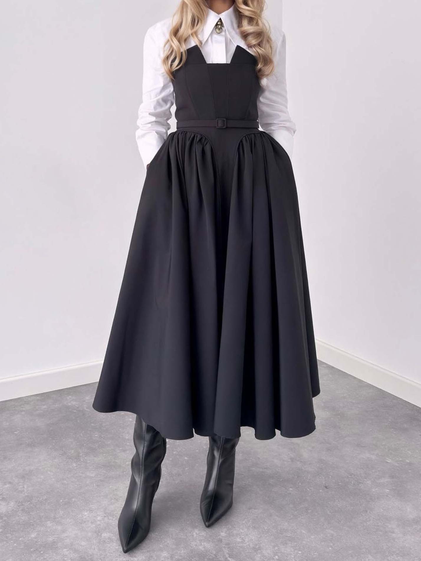 Classic Shirt & Pinafore Midi Skirt Set Black Dress
