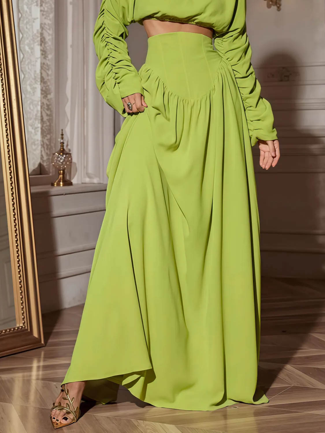 Elegant Pleated Tie High-Waisted Skirt Green