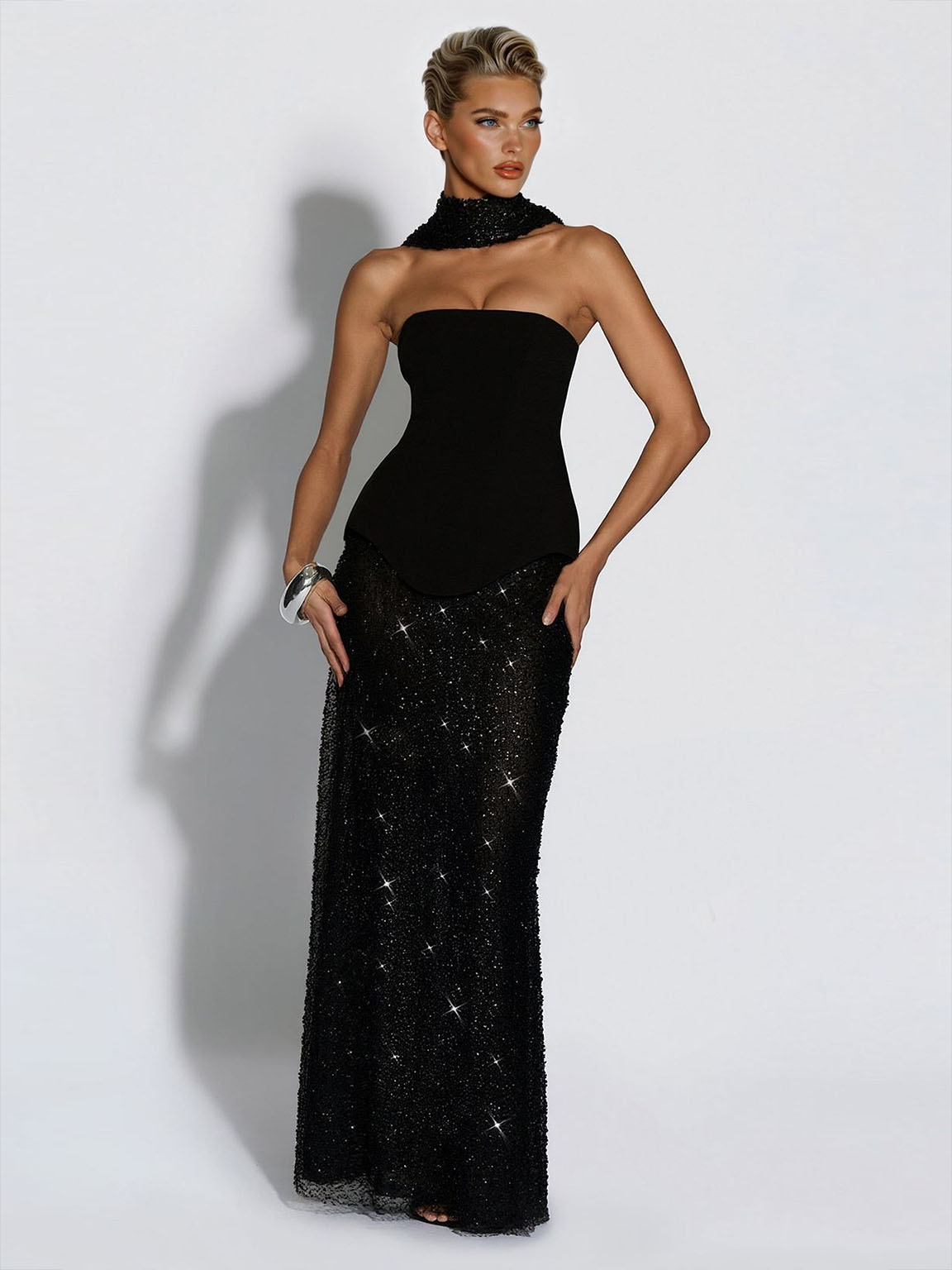 Elegant Strapless Sequin Skirt And Shawl Two-Piece Set